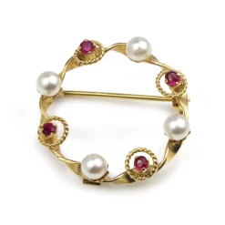 18ct Yellow Gold Ruby and Pearl Wreath Brooch