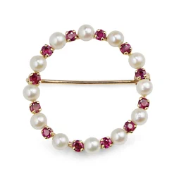 14ct Yellow Gold Ruby and Pearl Wreath Brooch