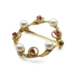 18ct Yellow Gold Ruby and Pearl Wreath Brooch