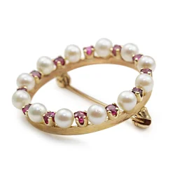14ct Yellow Gold Ruby and Pearl Wreath Brooch