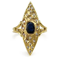 18ct Yellow Gold Sapphire and Diamond Navette Shaped Ring