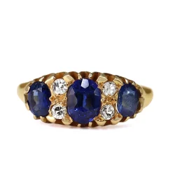 18ct Yellow Gold Sapphire and Old Cut Diamond 3 Stone Ring