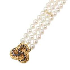14ct Yellow Gold Sapphire and Akoya Pearl 3 Strand Bracelet
