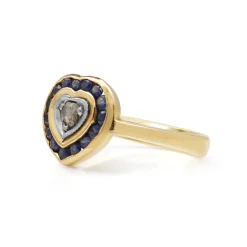 14ct Yellow Gold Sapphire and Rose Cut Diamond Heart Ring