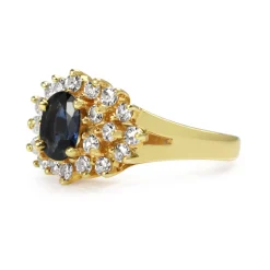 14ct Yellow Gold Sapphire and Single Cut Diamond Cluster Ring