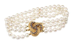 14ct Yellow Gold Sapphire and Akoya Pearl 3 Strand Bracelet