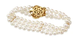 14ct Yellow Gold Sapphire and Akoya Pearl 3 Strand Bracelet