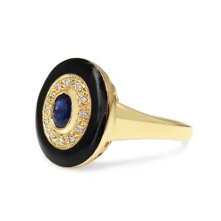 9ct Yellow Gold Sapphire, Diamond and Enamel Halo Ring