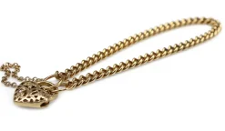 9ct Yellow Gold Solid Curb Link Bracelet with Filigree Heart Padlock