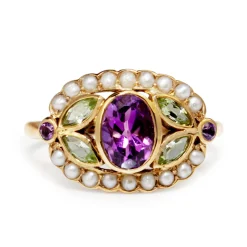 9ct Yellow Gold Suffragette Amethyst, Pearl and Peridot Ring