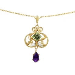 14ct Yellow Gold Suffragette Peridot, Pearl and Amethyst Necklace