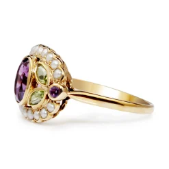 9ct Yellow Gold Suffragette Amethyst, Pearl and Peridot Ring