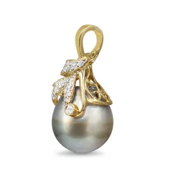 18ct Yellow Gold Tahitian 13mm Pearl and Diamond Leaf Detail Pendant / Enhancer