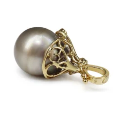 18ct Yellow Gold Tahitian 13mm Pearl and Diamond Leaf Detail Pendant / Enhancer