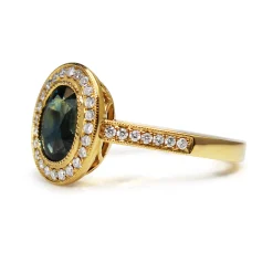 18ct Yellow Gold Teal Sapphire Diamond Halo Ring