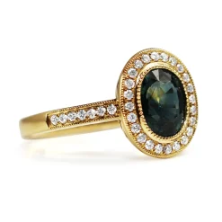 18ct Yellow Gold Teal Sapphire Diamond Halo Ring