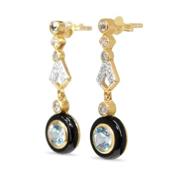 9ct Yellow Gold Topaz, Onyx and Diamond Deco Style Earrings