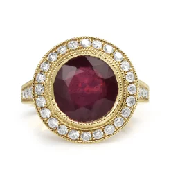 18ct Yellow Gold Treated Ruby and Diamond Halo Ring