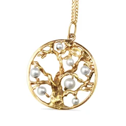 14ct Yellow Gold Tree Of Life Necklace with Fresh Water Pearls
