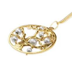 14ct Yellow Gold Tree Of Life Necklace with Fresh Water Pearls