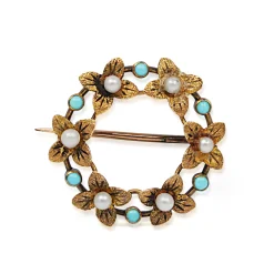 15ct Yellow Gold Turquoise and Pearl Wreath Brooch