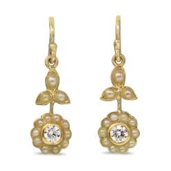 18ct Yellow Gold Victorian Style Pearl and Diamond Floral Daisy Earrings