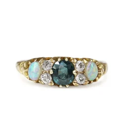 18ct Yellow Gold Victorian Sapphire, Opal and Old Cut Diamond Ring