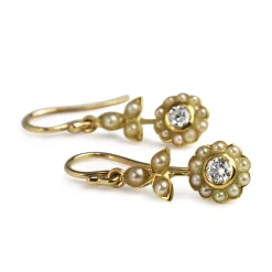 18ct Yellow Gold Victorian Style Pearl and Diamond Floral Daisy Earrings