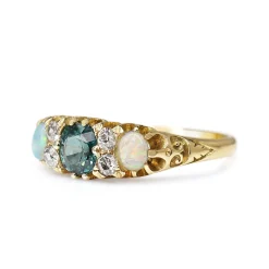 18ct Yellow Gold Victorian Sapphire, Opal and Old Cut Diamond Ring