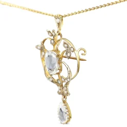 9ct Yellow Gold Victorian Antique Aquamarine and Seed Pearl Necklace