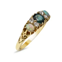 18ct Yellow Gold Victorian Sapphire, Opal and Old Cut Diamond Ring