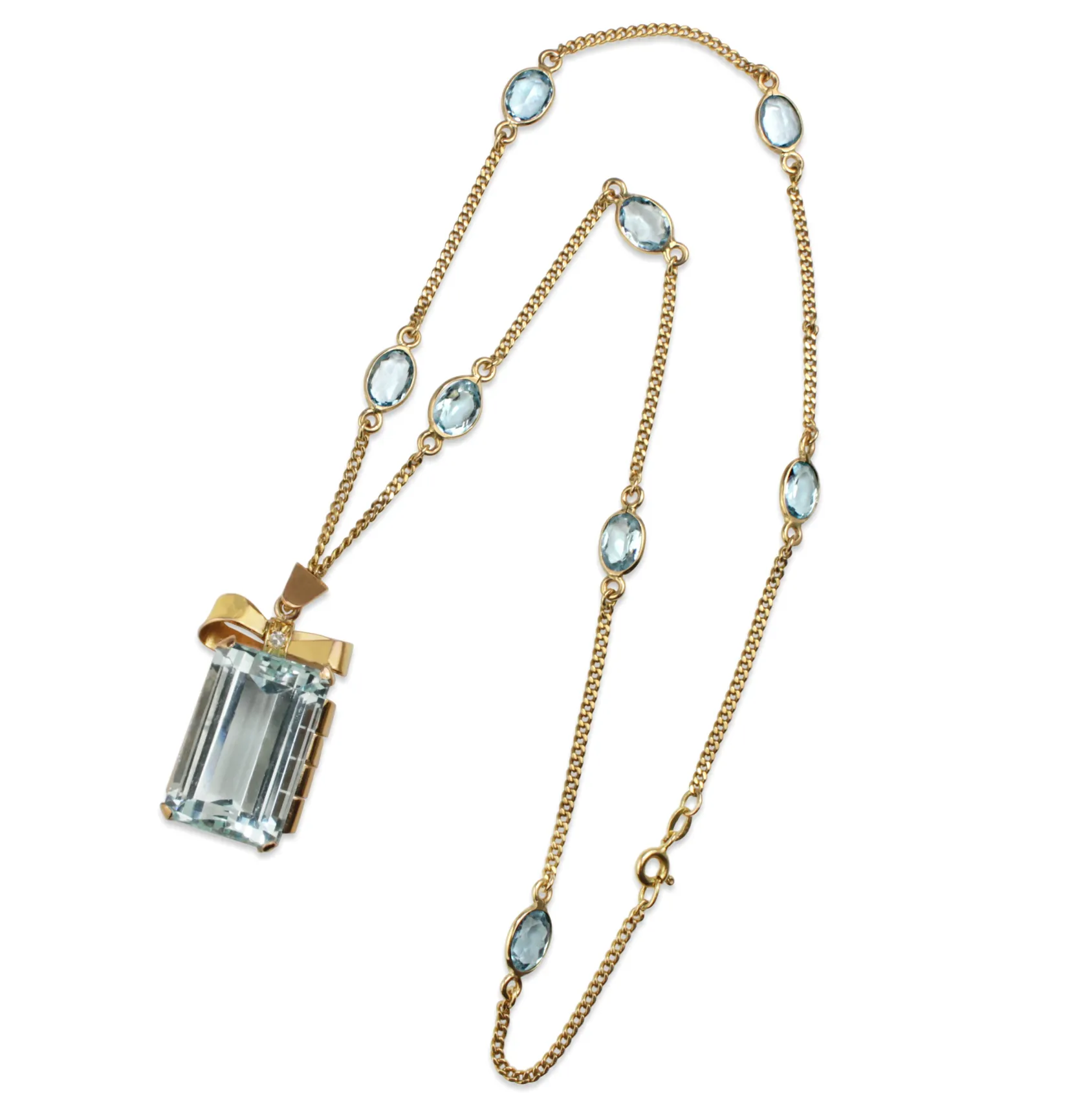 18ct Yellow Gold Vintage Aquamarine and Diamond Bow Pendant on Topaz Chain Necklace