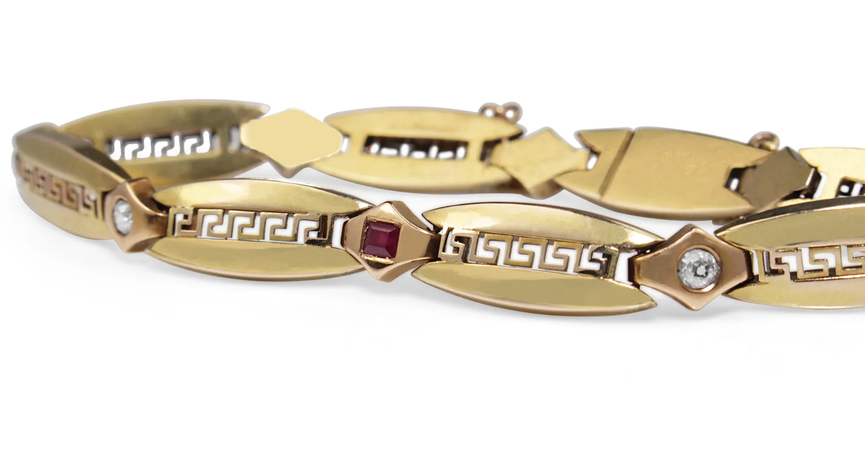 14ct Yellow Gold Vintage 'Greek Motif' Ruby and Old Cut Diamond Bracelet