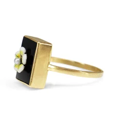 14ct Yellow Gold Vintage Onyx, Enamel and Seed Pearl Flower Ring