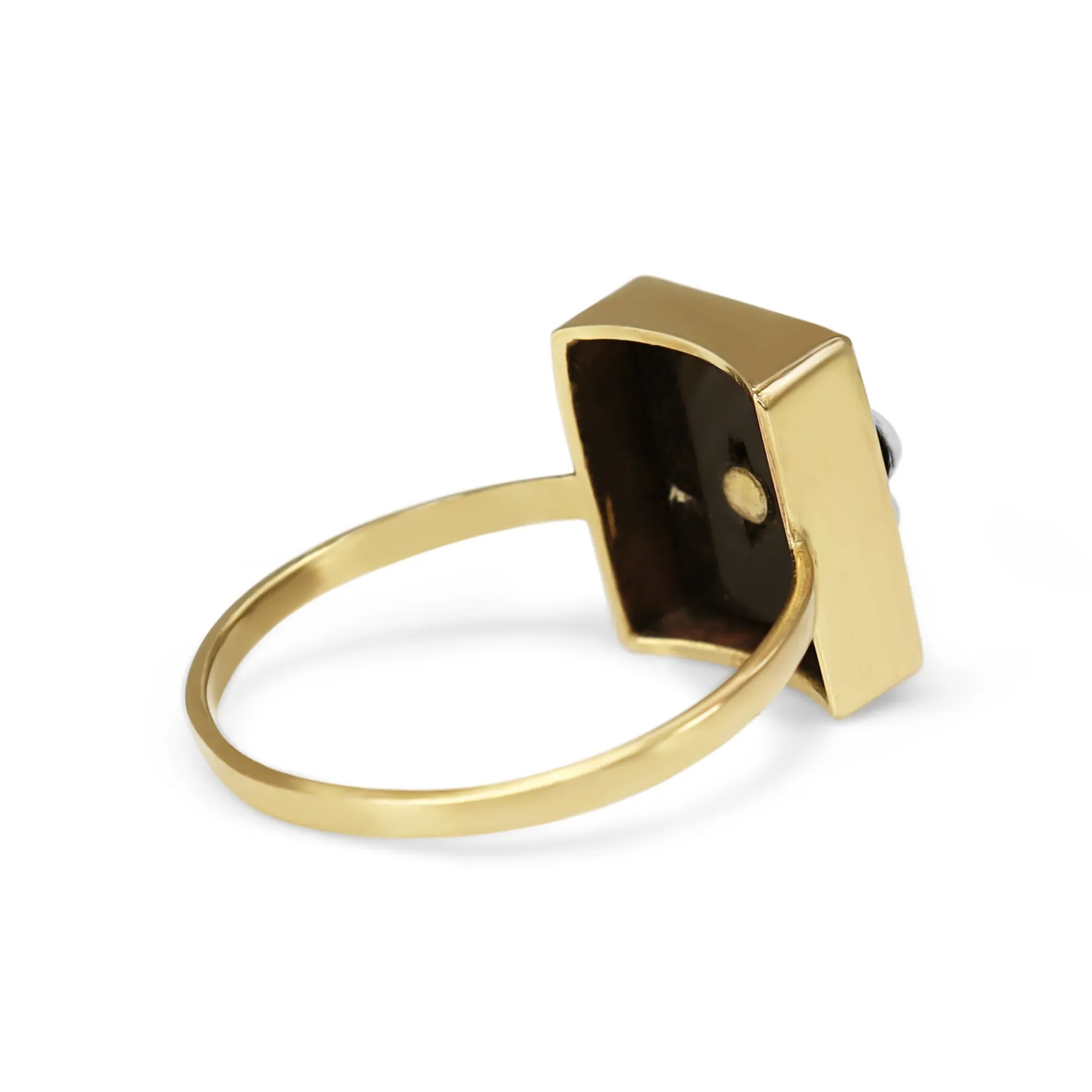 14ct Yellow Gold Vintage Onyx, Enamel and Seed Pearl Flower Ring
