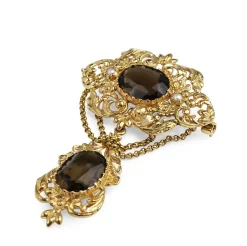 9ct Yellow Gold Vintage Smokey Quartz and Pearl Brooch
