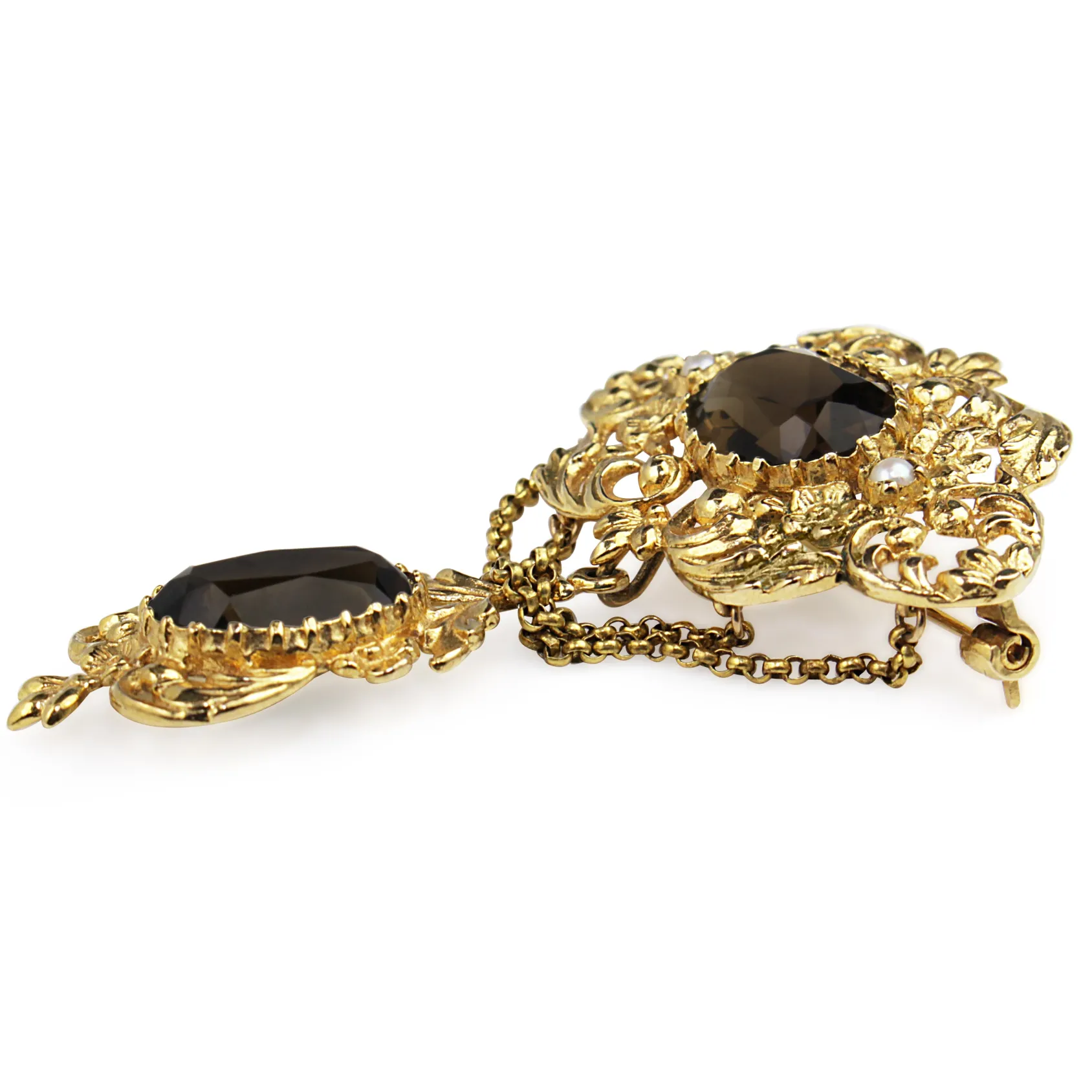 9ct Yellow Gold Vintage Smokey Quartz and Pearl Brooch