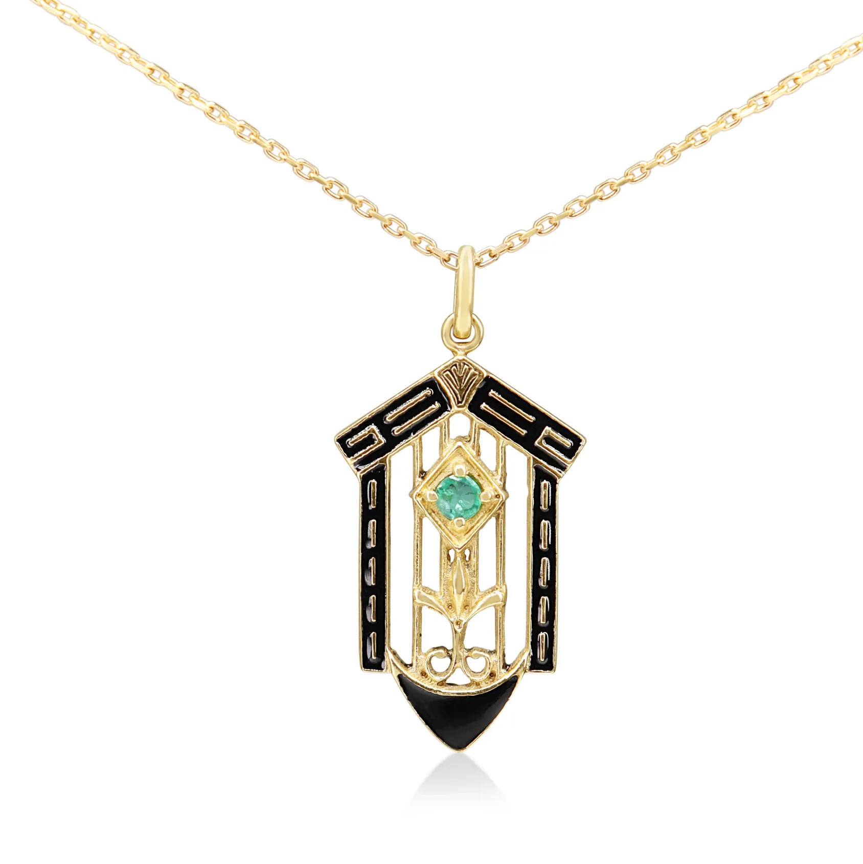9ct Yellow Gold Vintage Style Emerald and Enamel Necklace