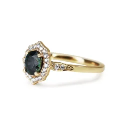 18ct Yellow Gold Vintage Style Sapphire and Diamond Halo Ring