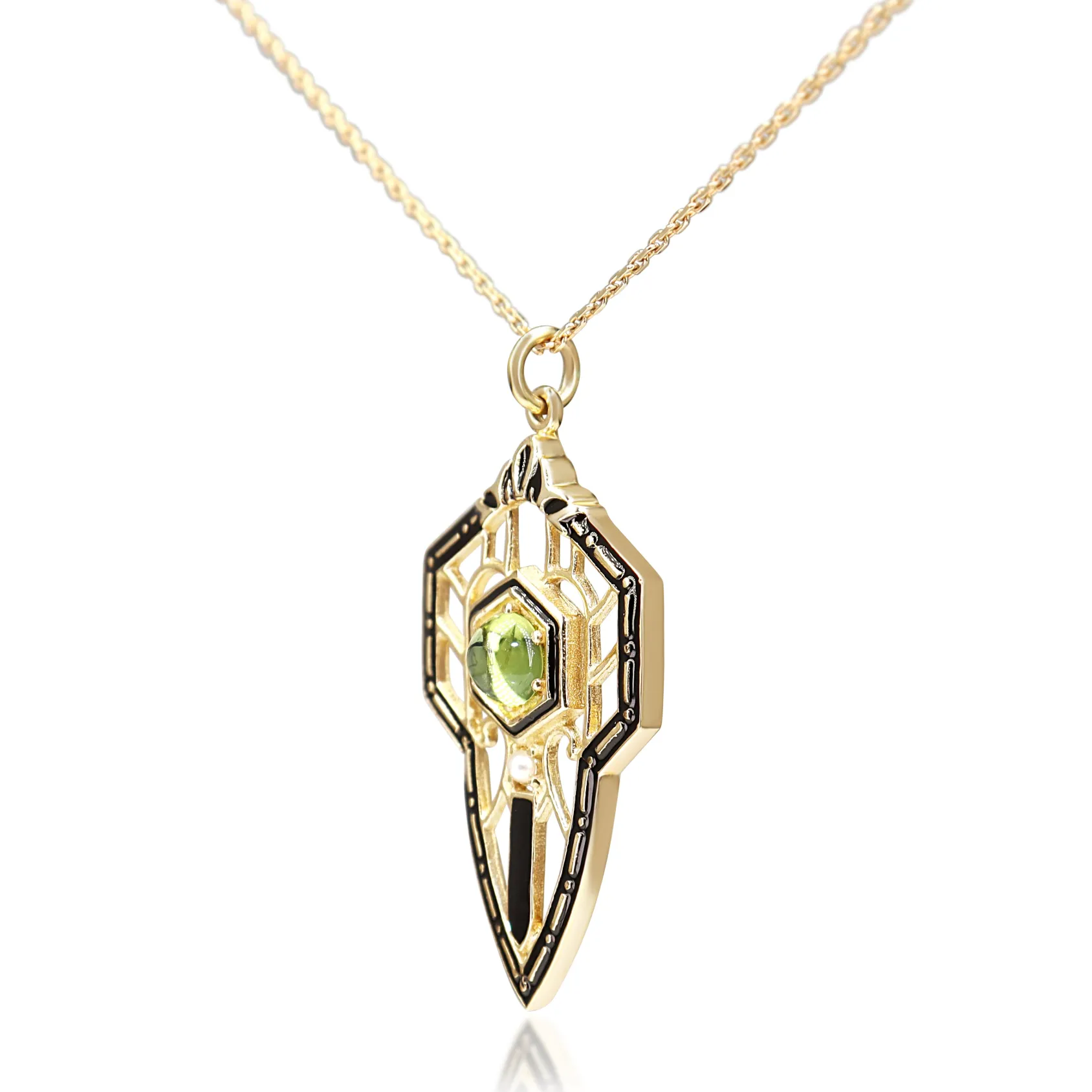 9ct Yellow Gold Vintage Style Peridot, Pearl and Enamel Necklace