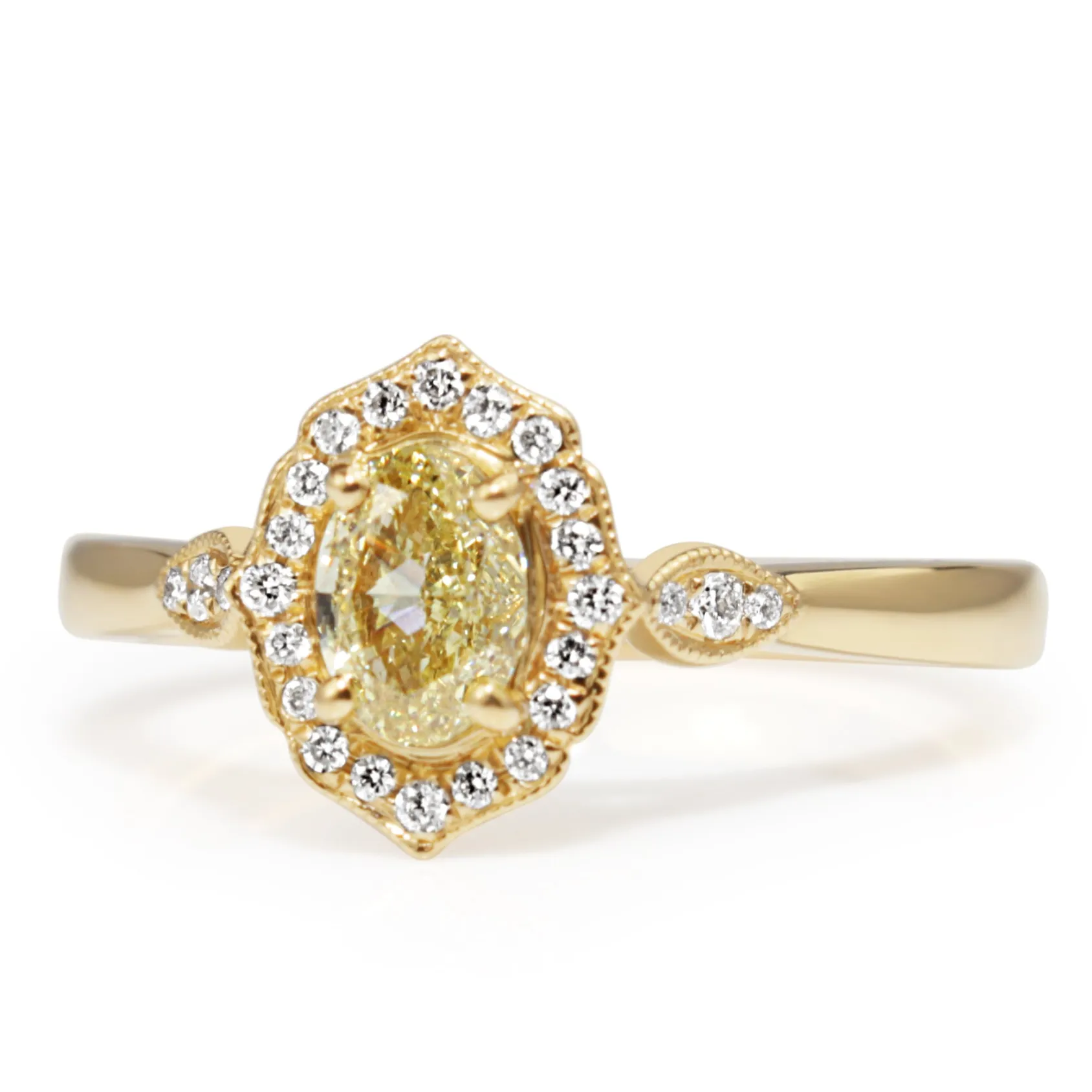 18ct Yellow Gold Vintage Style Yellow Diamond Halo Ring