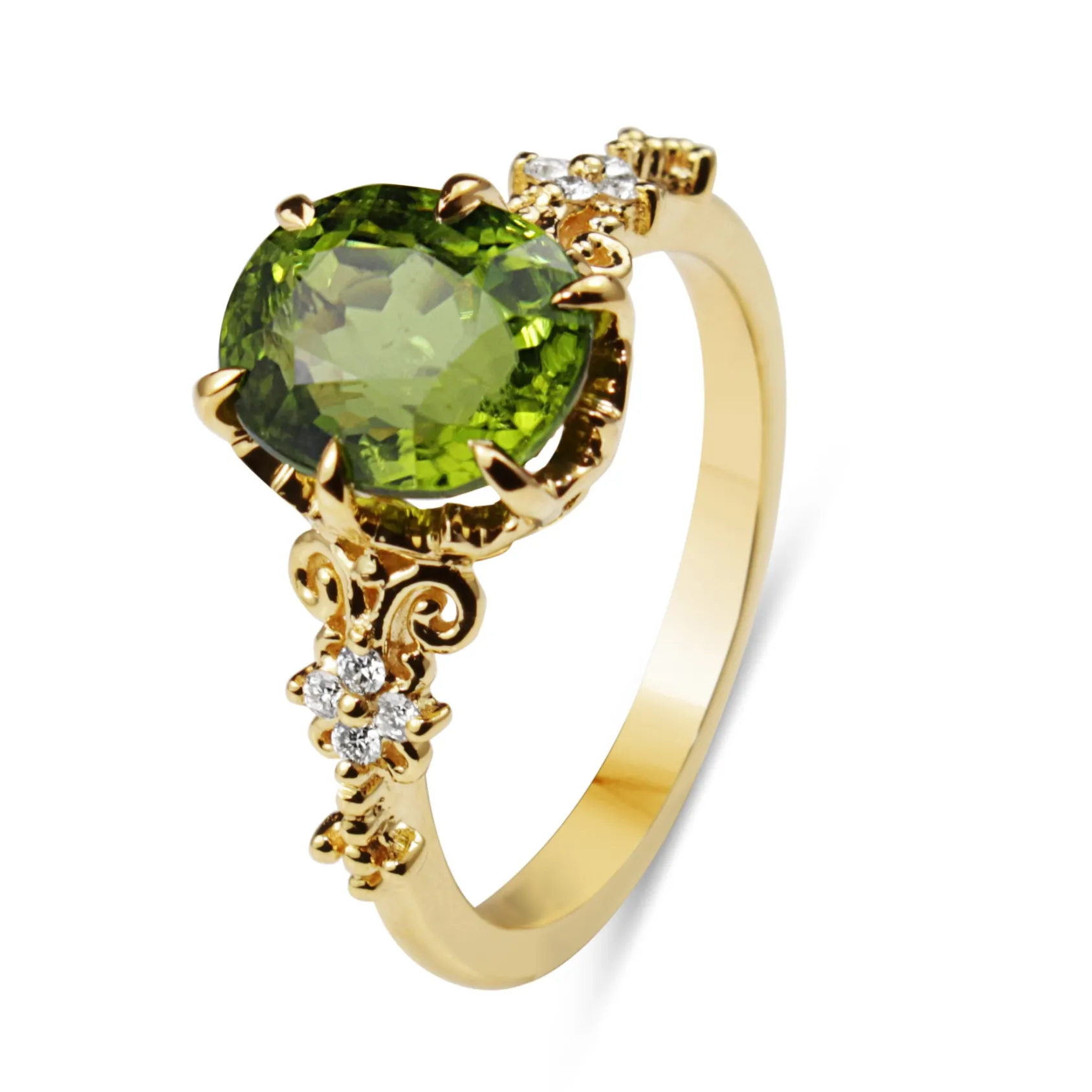 18ct Yellow Gold Vintage Style Peridot and Diamond Solitaire Ring