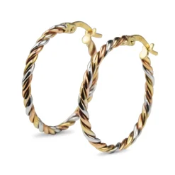 9ct Yellow, Rose and White Gold 25mm 3 Tone Twist Hoop Earrings