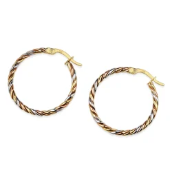 9ct Yellow, Rose and White Gold 25mm 3 Tone Twist Hoop Earrings