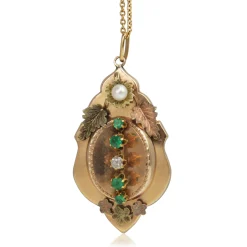 15ct Yellow/Rose Gold Antique French Emerald, Pearl and Diamond Necklace/Brooch