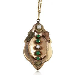 15ct Yellow/Rose Gold Antique French Emerald, Pearl and Diamond Necklace/Brooch