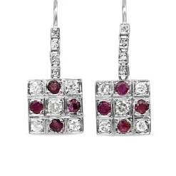Palladium and 18ct White Gold Vintage Ruby and Diamond Checkerboard Earrings