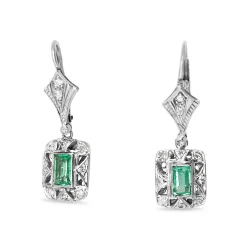 Palladium Art Deco Emerald and Single Cut Diamond Earrings