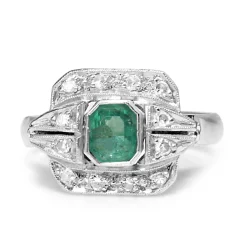 Palladium Art Deco Emerald and Single Cut Diamond Ring