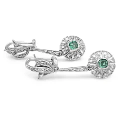 Palladium Art Deco Emerald and Diamond Drop Earrings